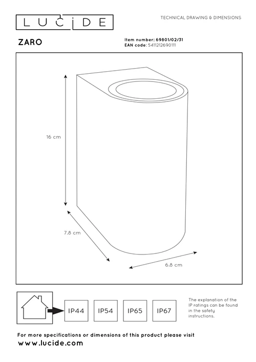 Lucide ZARO - Wandstrahler / Wandleuchte Innen/Außen - 2xGU10 - IP65 - Weiß - technisch